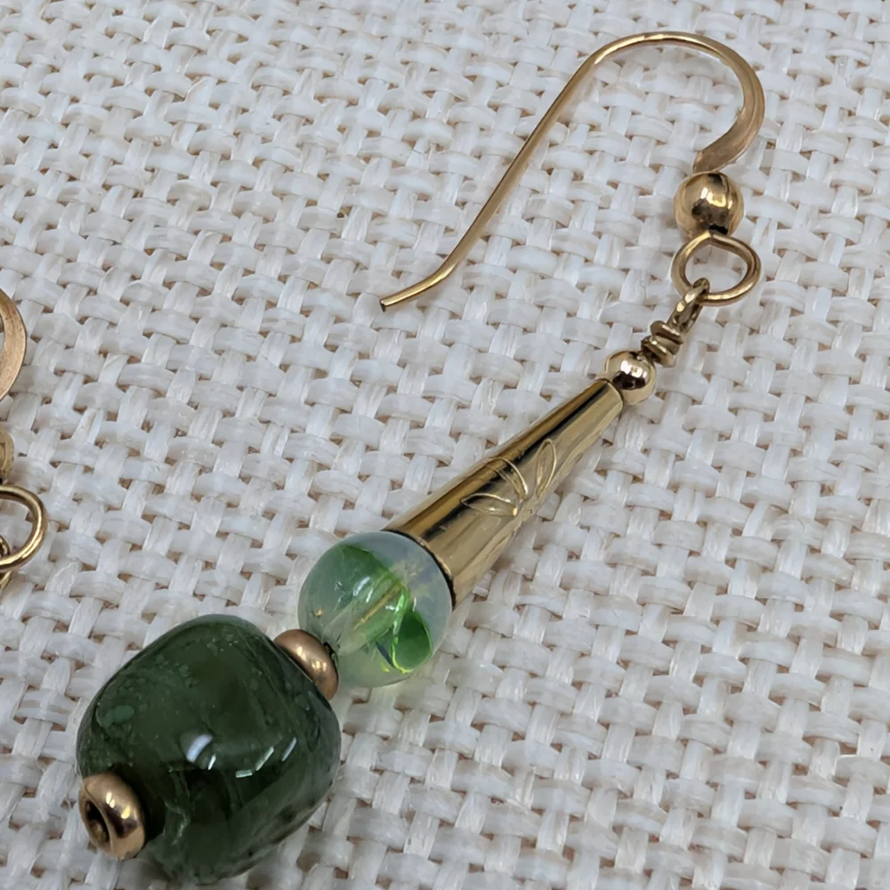 Vintage Handmade Green Glass Dangle Earrings | Boho Drop Style | Lightweight